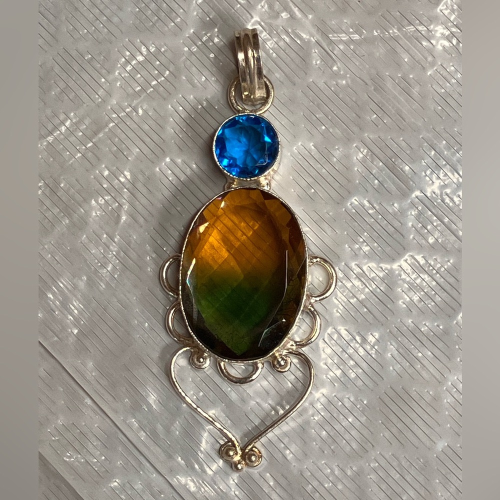 New Silver Coated Pendant With Blue And Amber Colored Glass